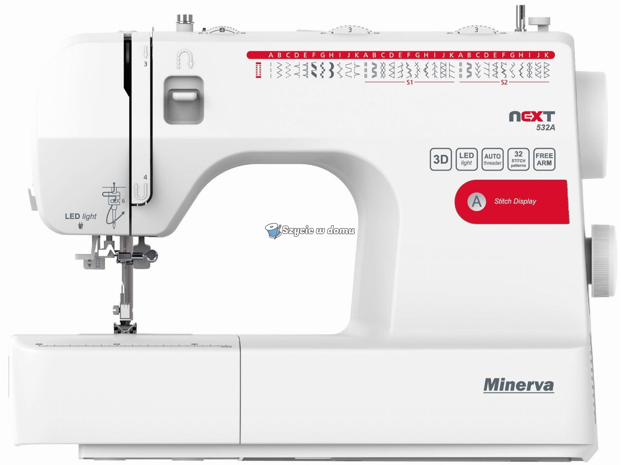 Maszyna do szycia mechaniczna Minerva Next 532A domowa, 32 ściegi, metalowa konstrukcja