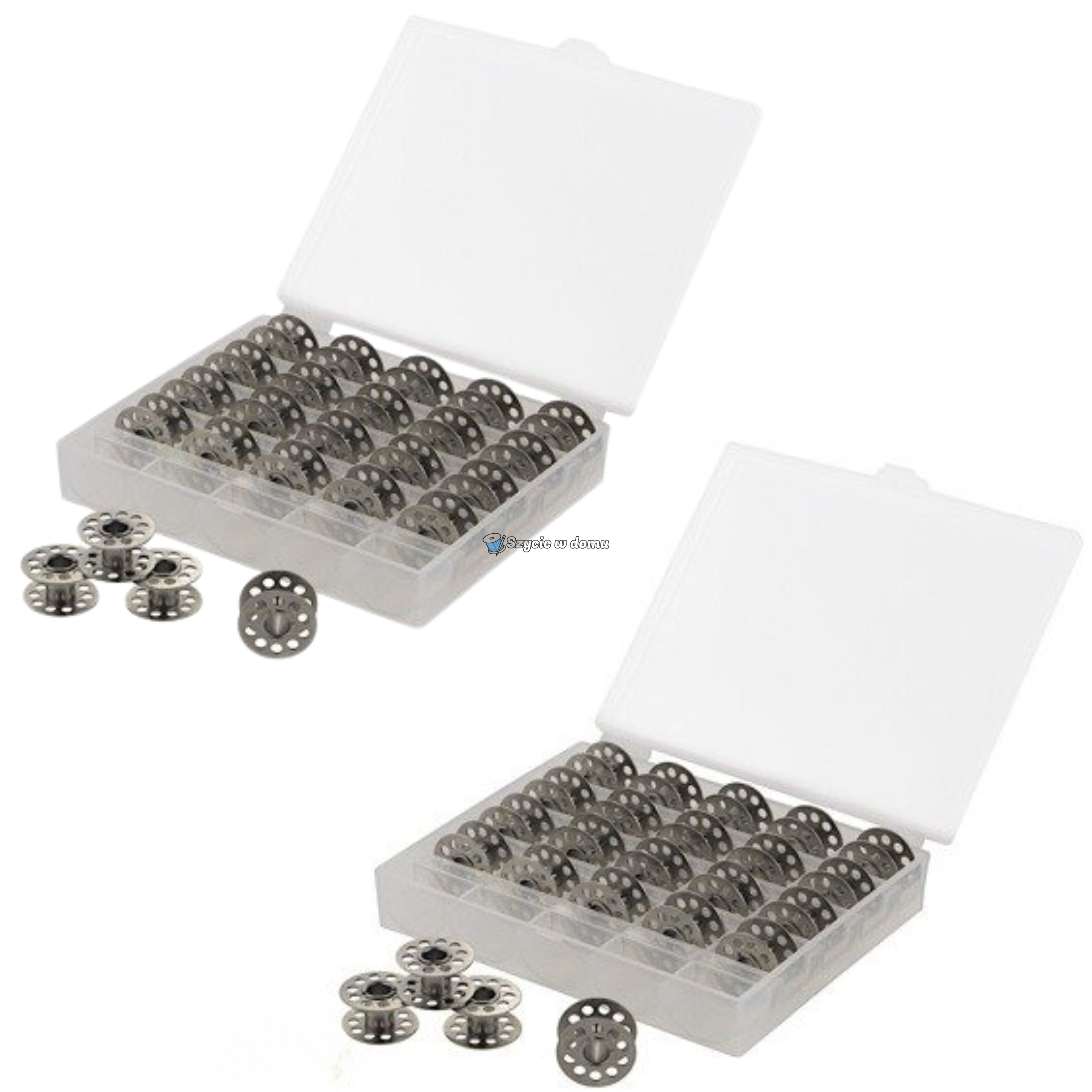 Szpulka do bębenka do maszyny do szycia metalowa 2x 25 szt. pudełko Łucznik