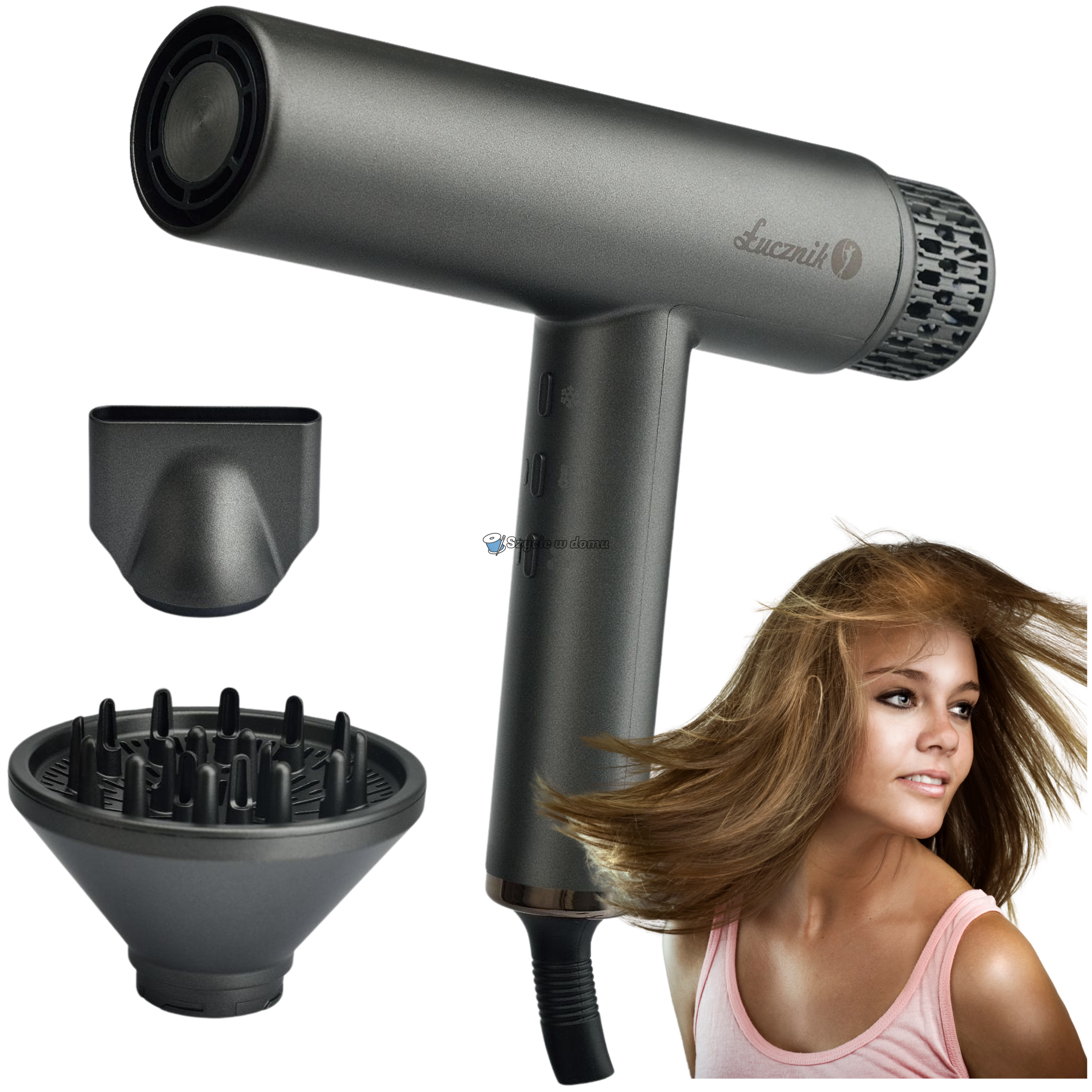 Suszarka do włosów Łucznik HyperAir IQ 1.0 Midnight Gray 1800 W – BLDC, jonizacja, dyfuzor 
