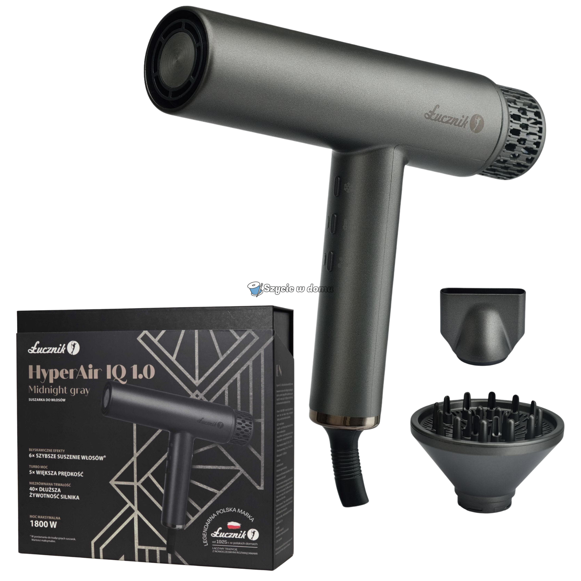 Suszarka do włosów Łucznik HyperAir IQ 1.0 Midnight Gray 1800 W – BLDC, jonizacja, dyfuzor 
