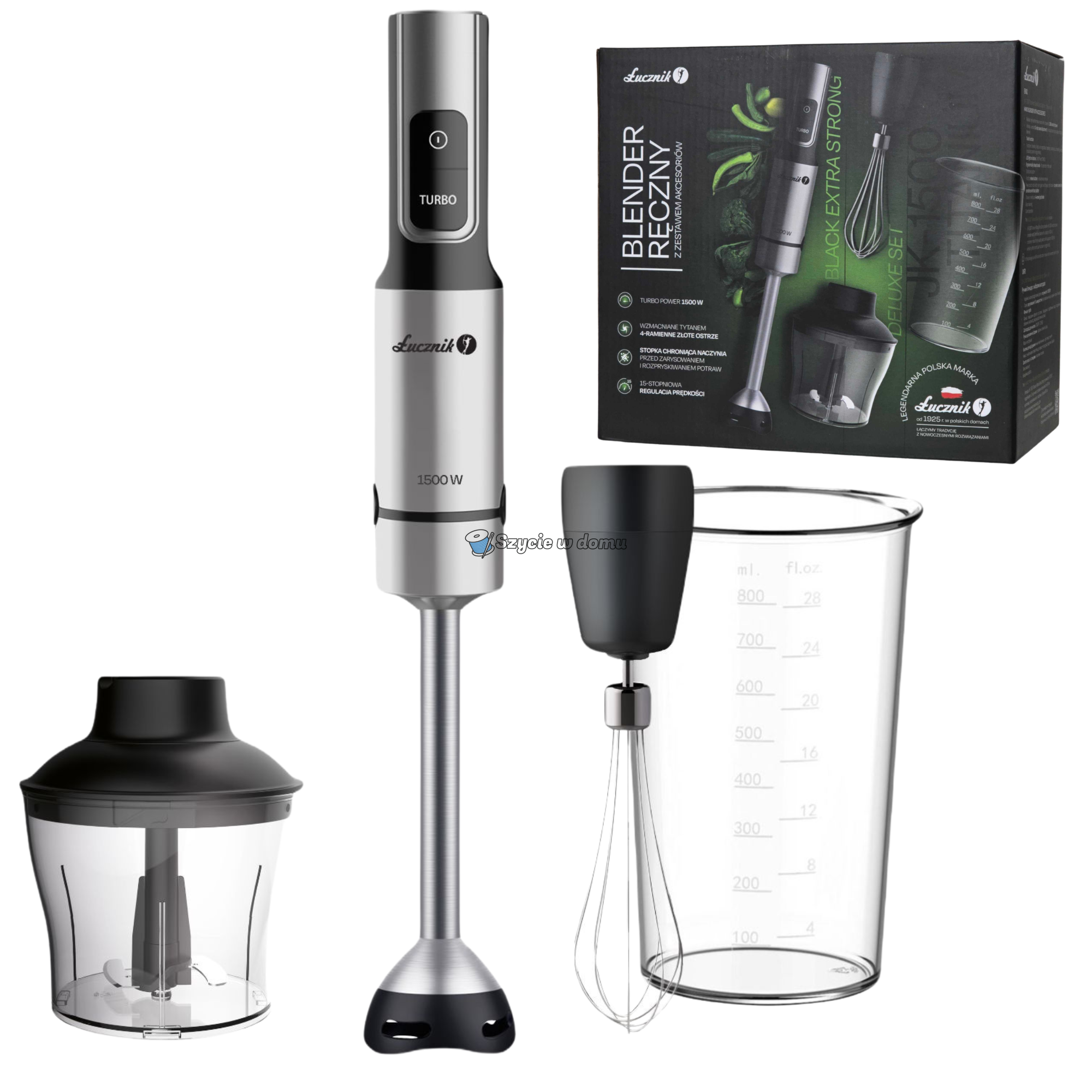 Blender ręczny Łucznik JK-1500 Titanium Black Extra Strong Deluxe Set