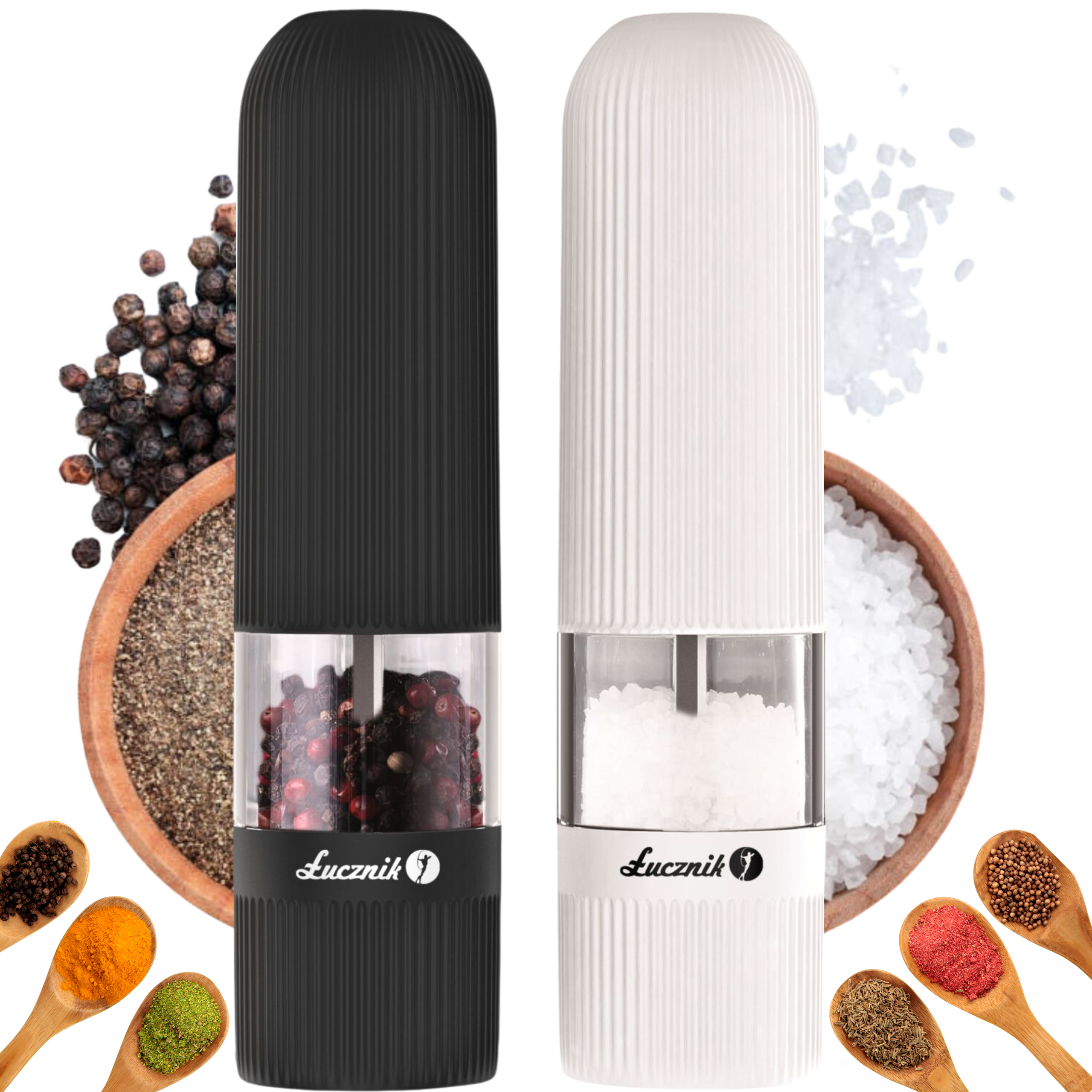 Elektryczny młynek do soli, pieprzu i przypraw Łucznik PM-102 czarny i biały