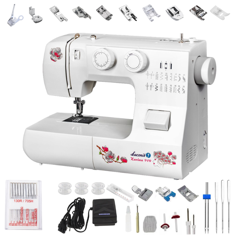 Maszyna do szycia dla początkujących Łucznik Karina 910 + zestaw stopek