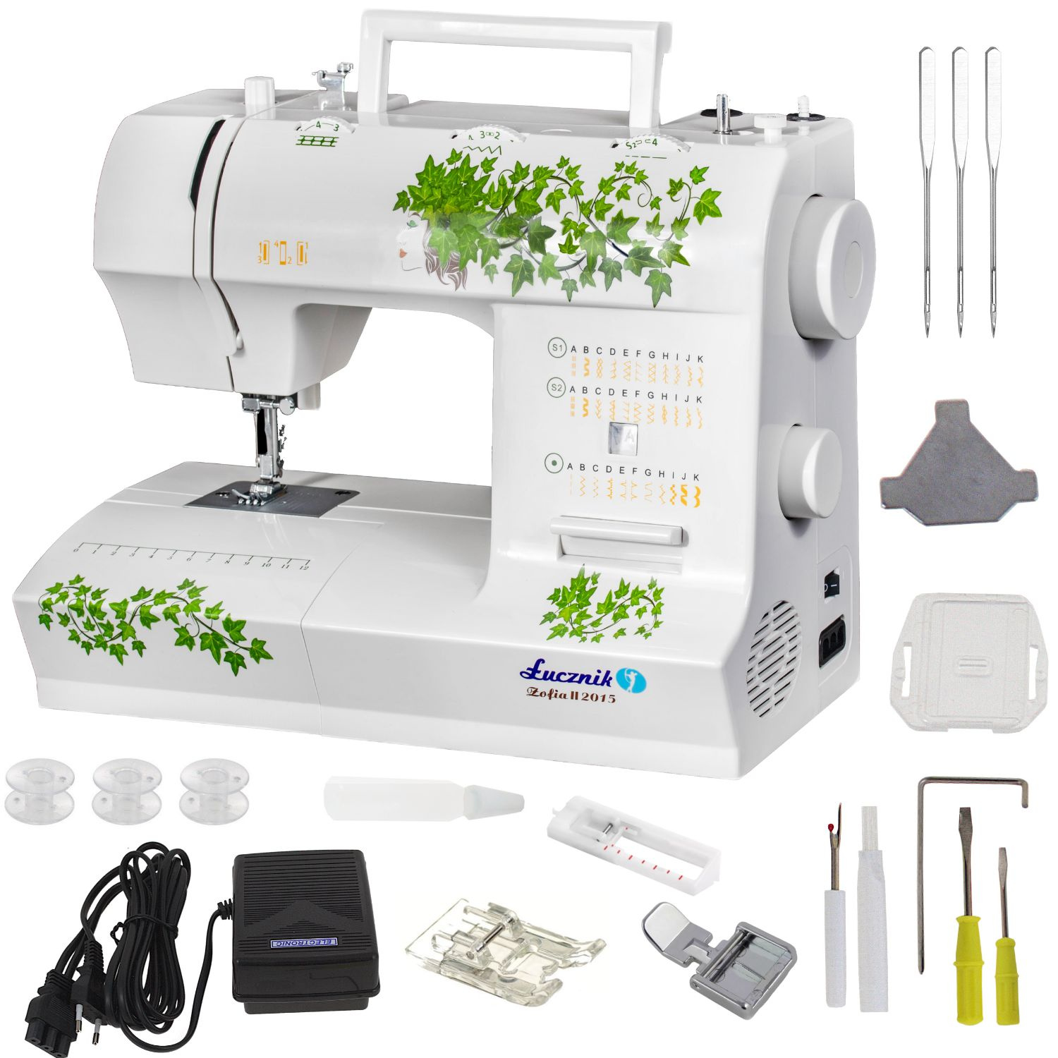 Maszyna do szycia z obcinaczem 35 ściegów Łucznik Zofia II 2015 dla początkujących + akcesoria