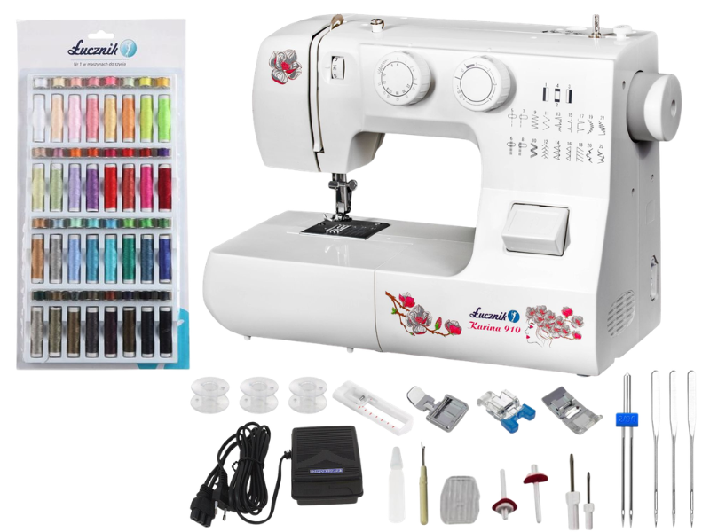 Maszyna do szycia Łucznik Karina 910 + 32 szpulki i 32 nici kolorowe GRATIS